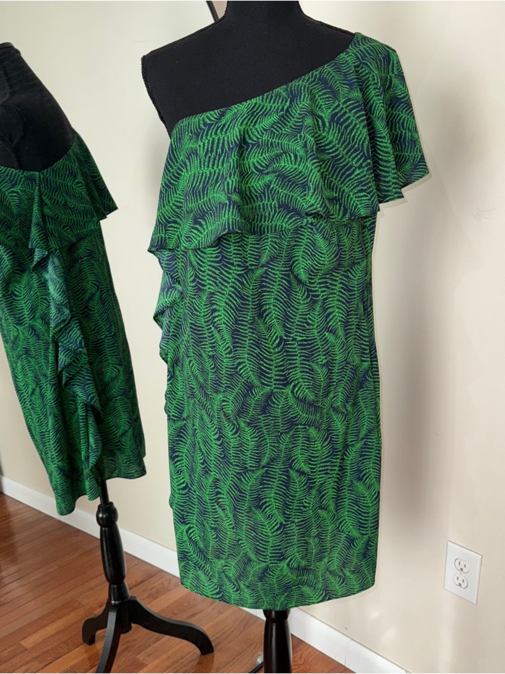 Michael Kors Palm Printed One Shoulder Ruffle Cascade Dress Green Navy Size 6